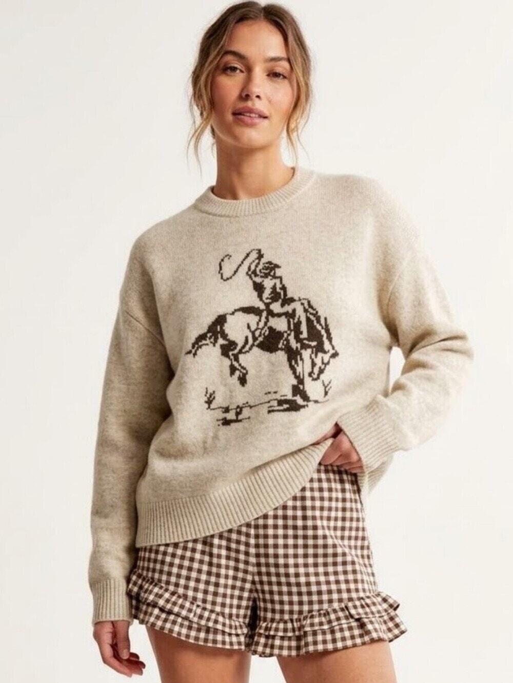 Abercrombie & Fitch Cowboy Crewneck Oversized Western Graphic Sweater Viral